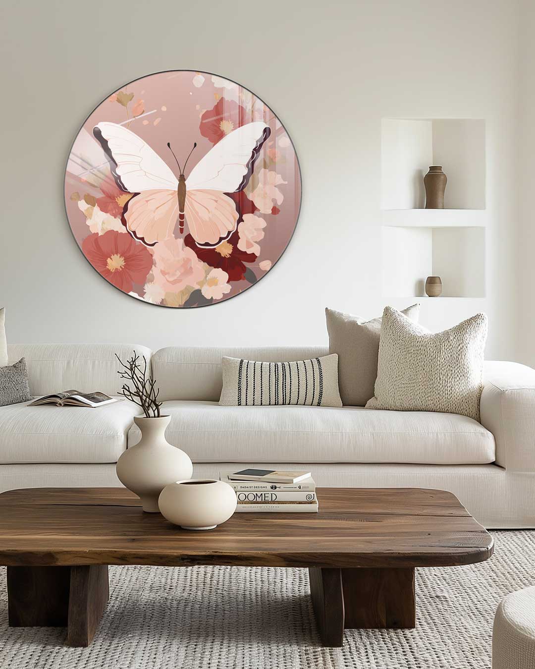 Elegant Vlinder en Bloemen Muurcirkel-WallArtistic