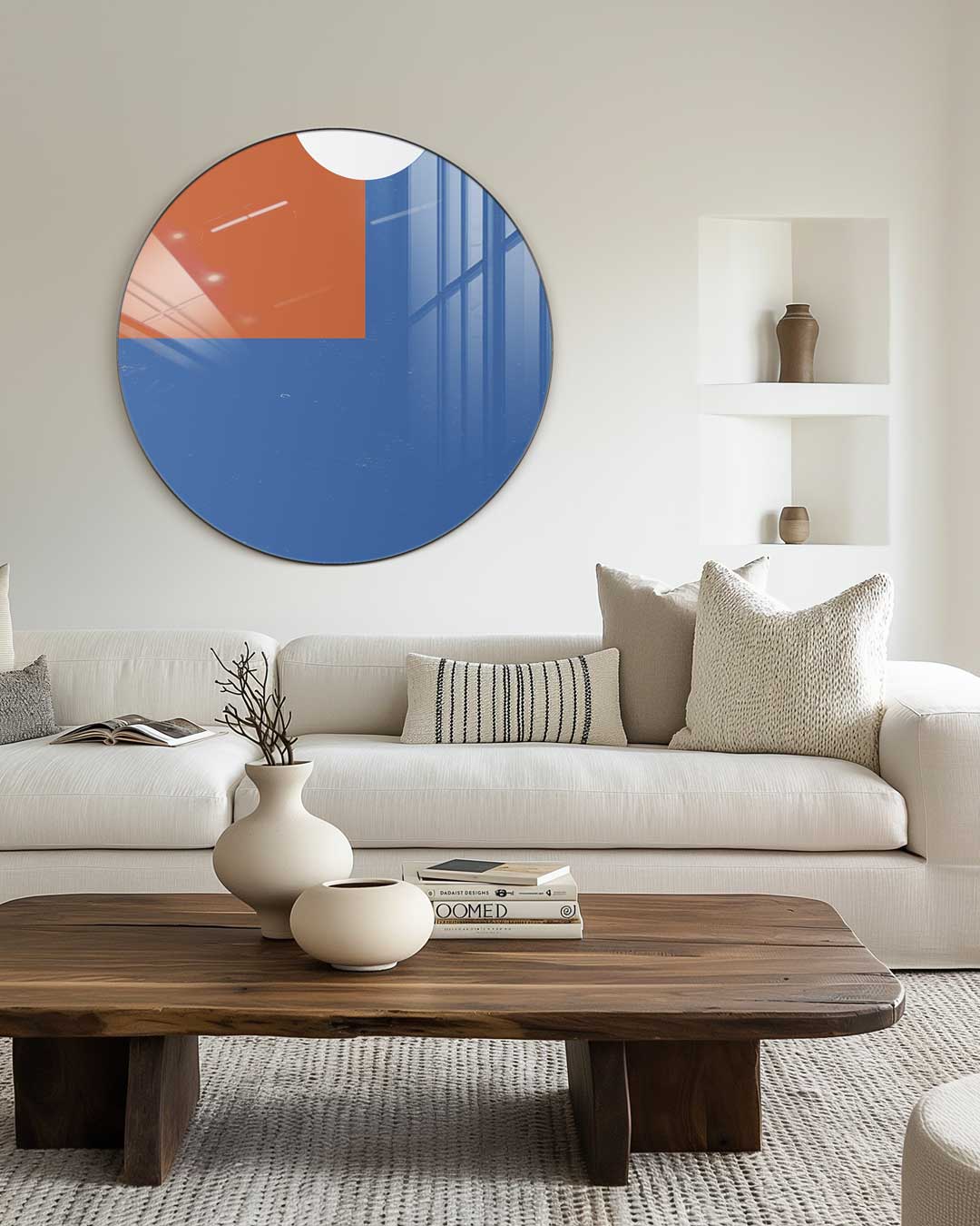 Stijlvolle muurcirkel met blauw en oranje