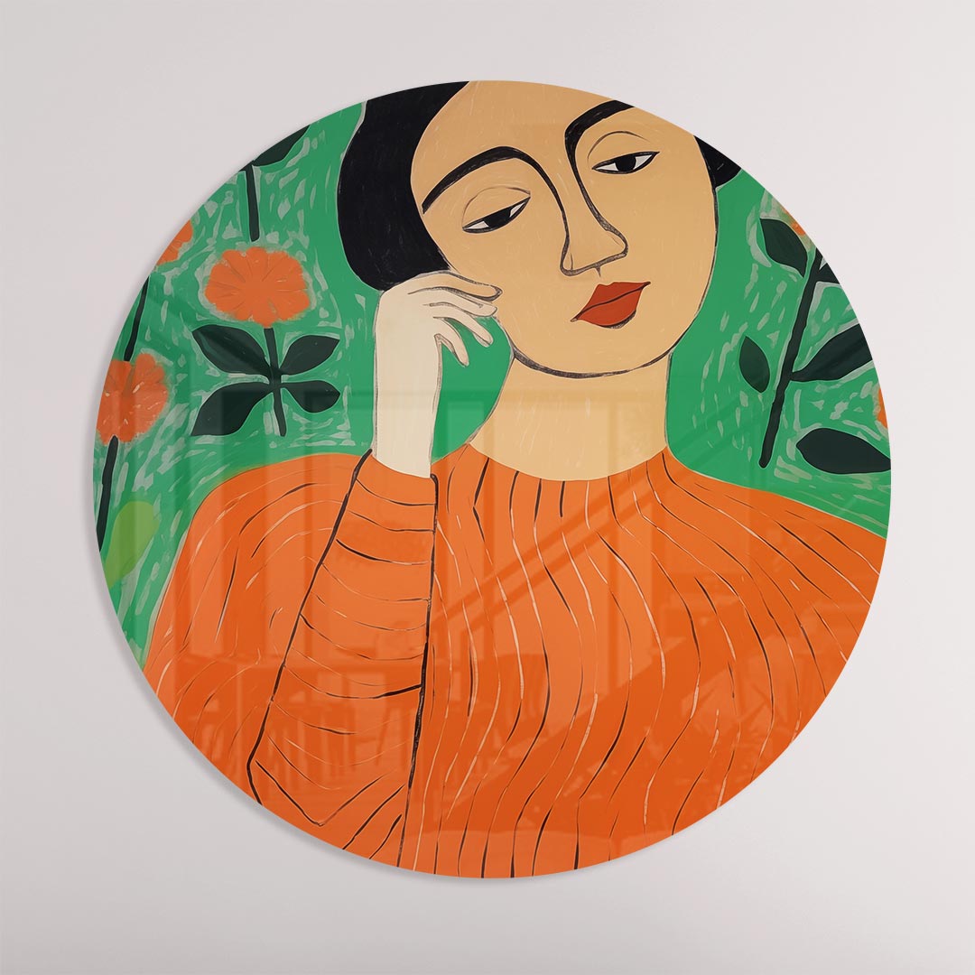 Vrouw in Oranje Bloemenpracht Muurcirkel-WallArtistic