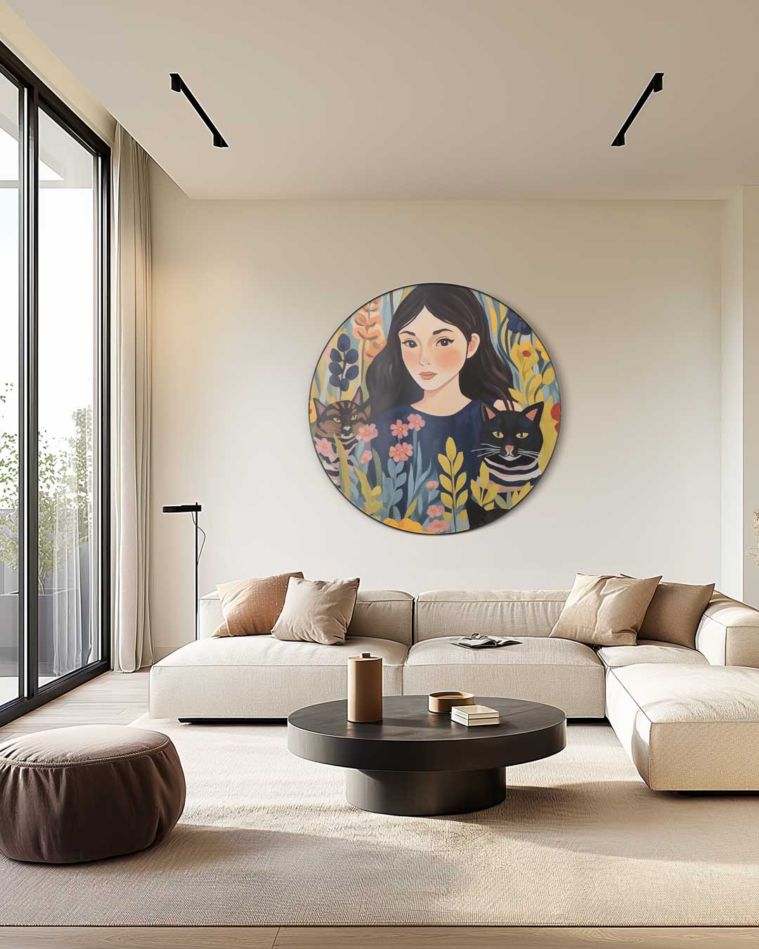 Vrolijke Vrouw en Katten Bloemen Muurcirkel-WallArtistic