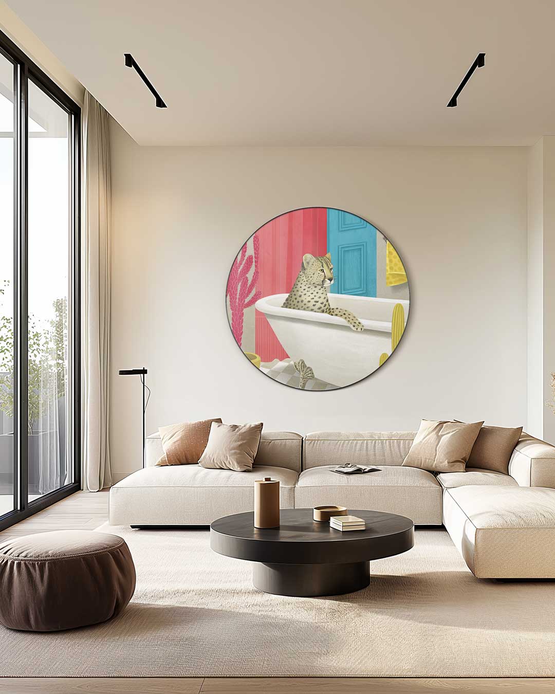 Luipaard in Retro Badkamer Muurcirkel-WallArtistic