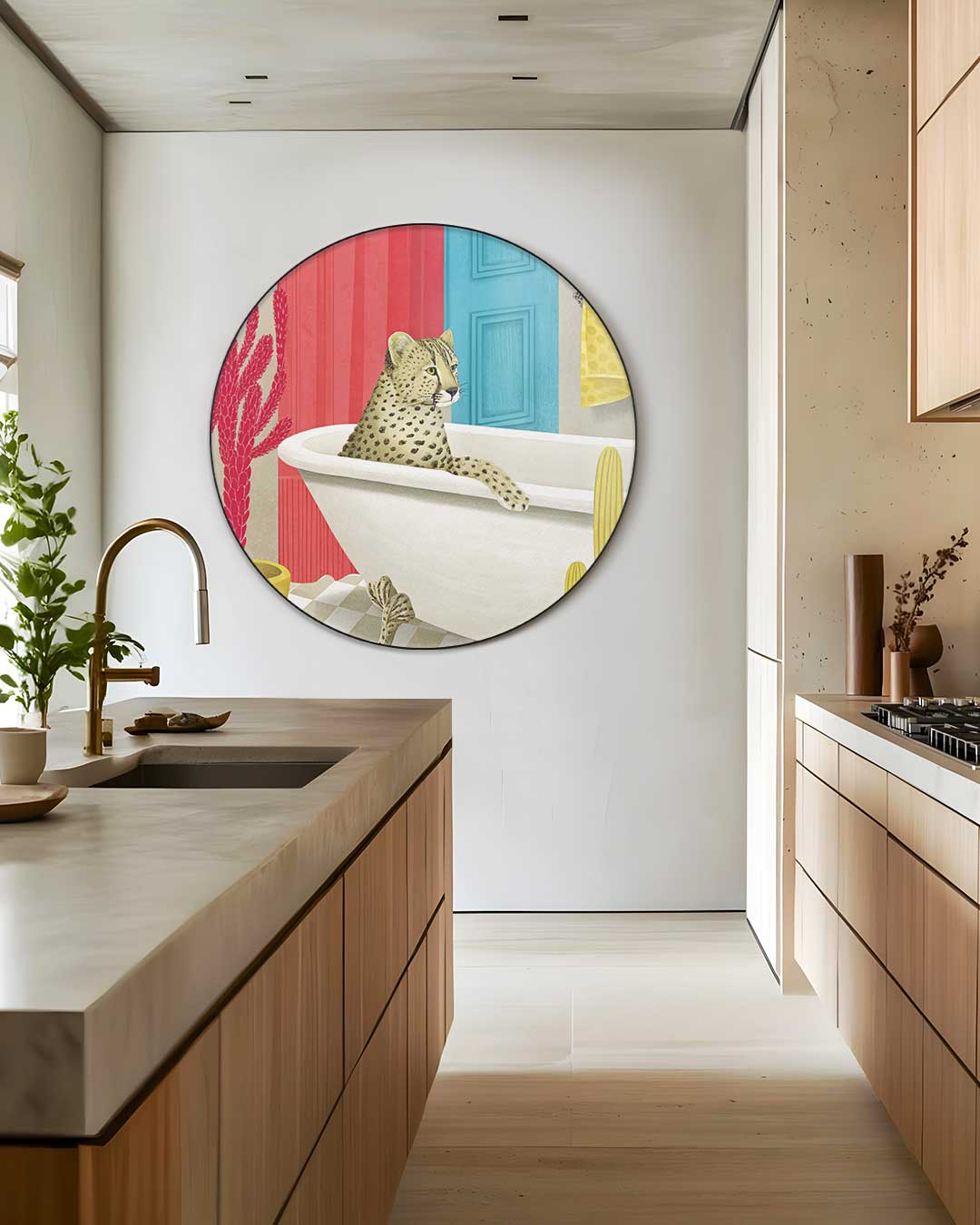 Luipaard in Retro Badkamer Muurcirkel-WallArtistic