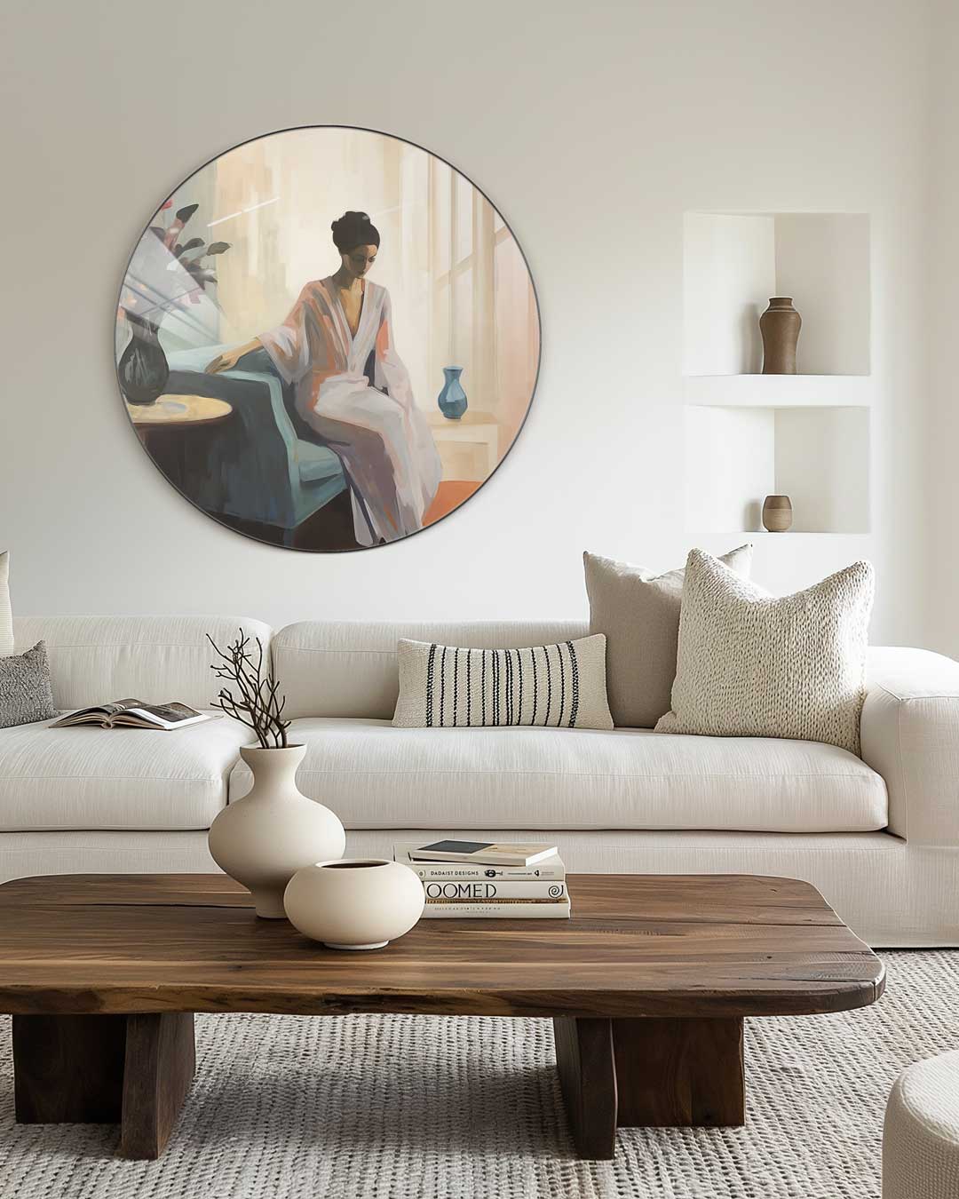 Elegante Dame in Stille Moment Muurcirkel-WallArtistic