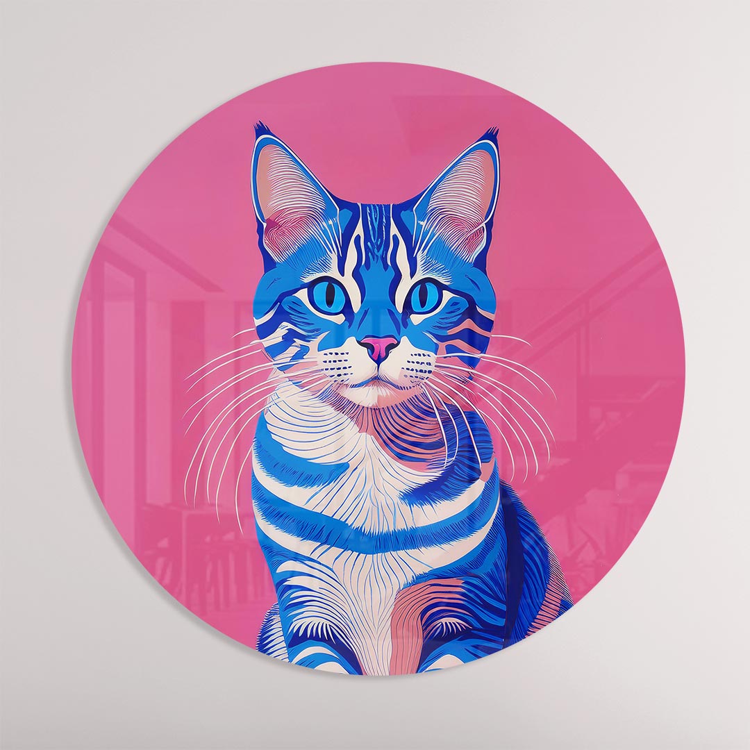 Blauwe Kat op Roze Achtergrond Muurcirkel