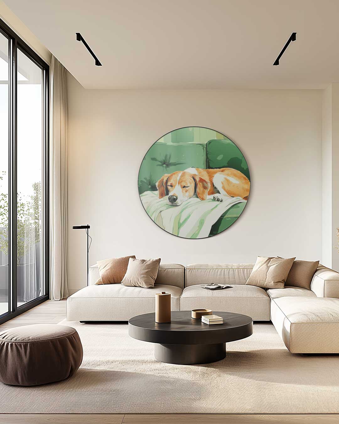 Sfeervolle Muurcirkel Hond op Groene Bank-WallArtistic