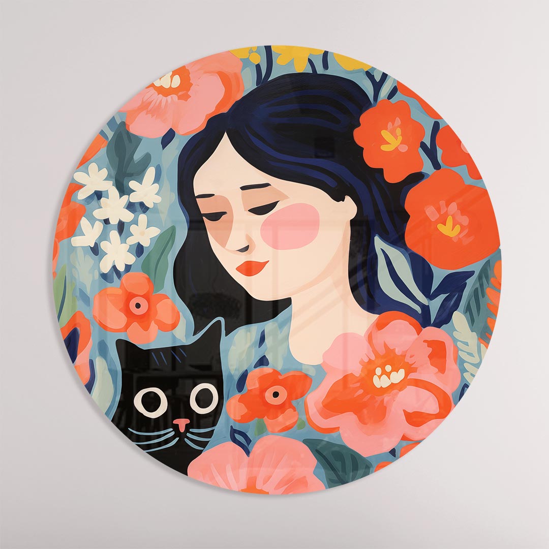 Bloemen en Katten Vrouwelijke Muurcirkel-WallArtistic