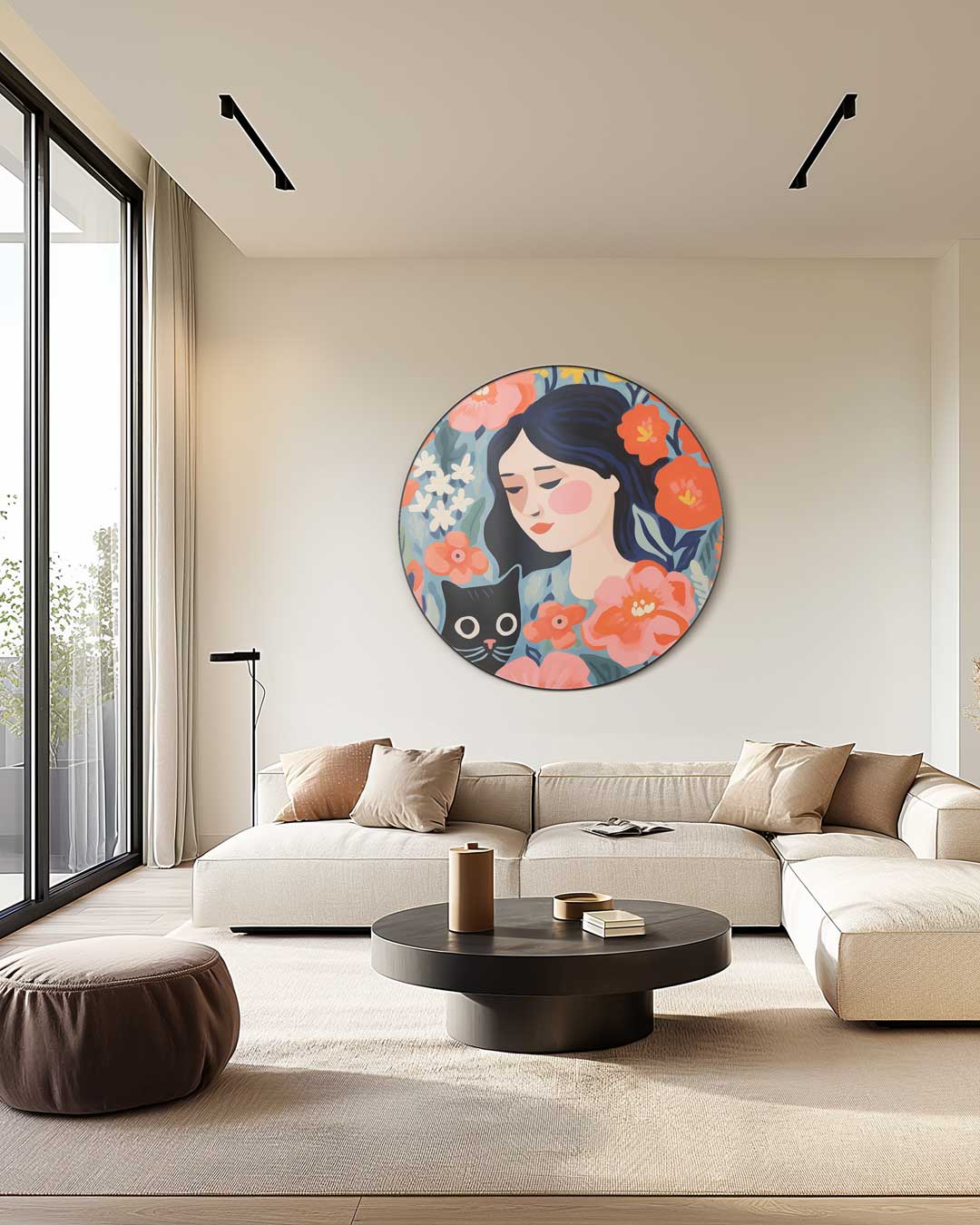Bloemen en Katten Vrouwelijke Muurcirkel-WallArtistic