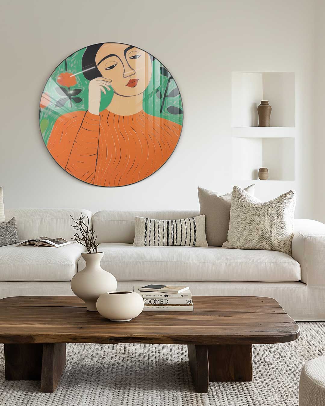Vrouw in Oranje Bloemenpracht Muurcirkel-WallArtistic