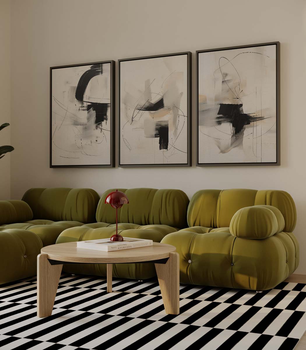 Zwarte penseelstreken op beige Kunstwerk-canvas-dibond-plexiglas-wanddecoratie-WallArtistic