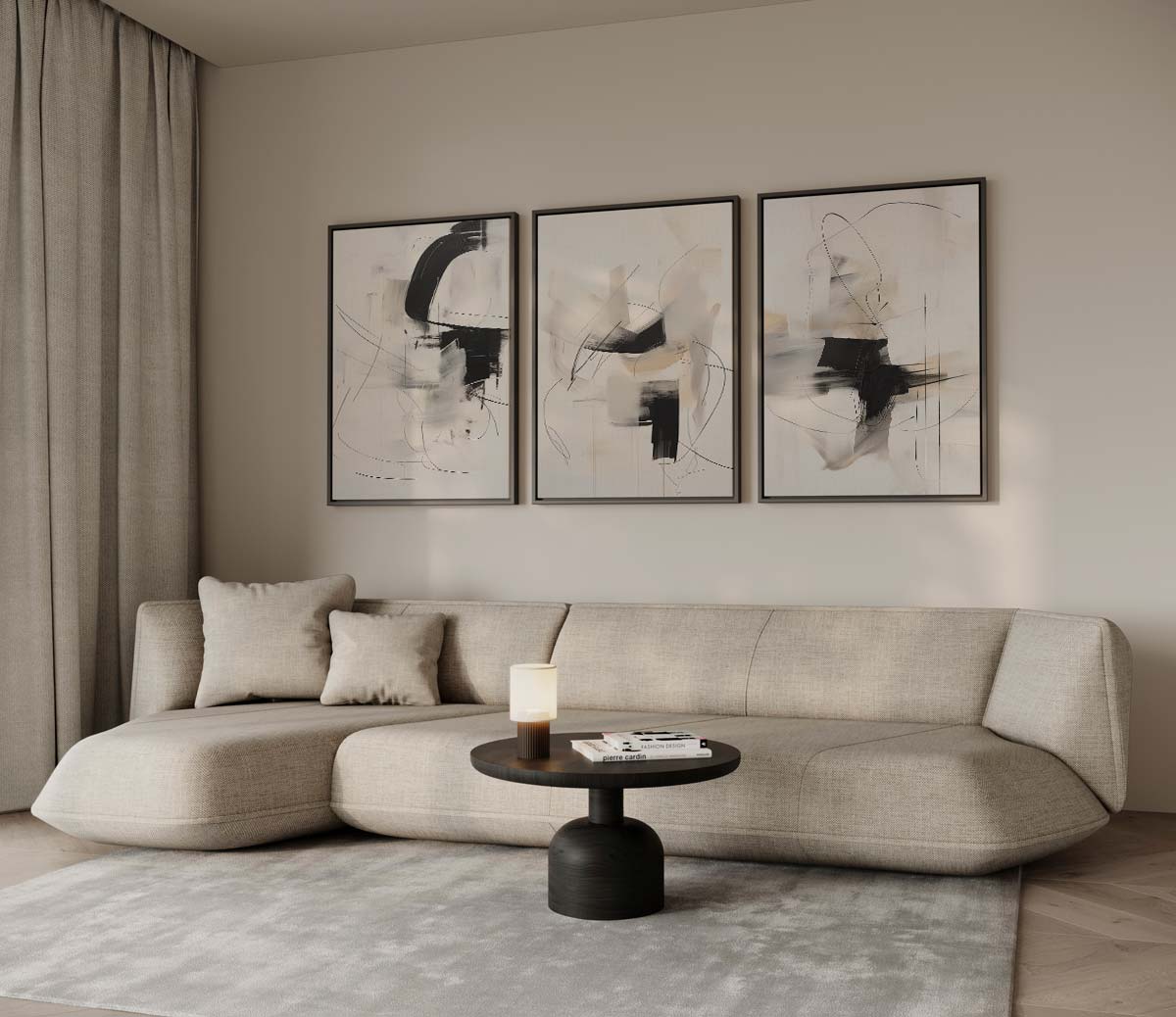 Zwarte penseelstreken op beige Kunstwerk-canvas-dibond-plexiglas-wanddecoratie-WallArtistic