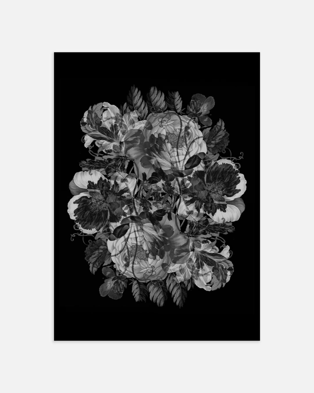 Bloemen en schedels in zwart-wit Poster
