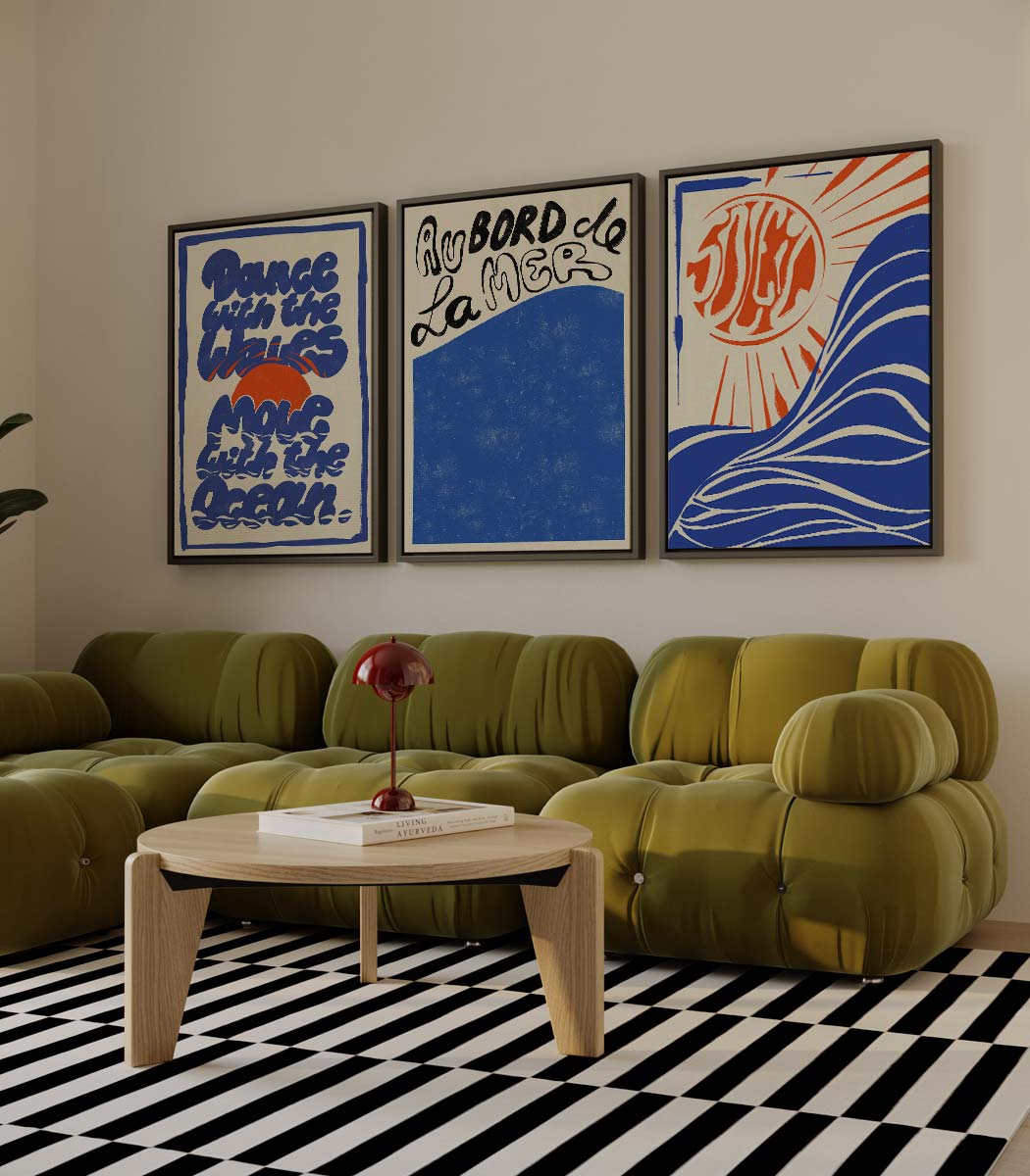 Blauwe golven en zonnige typografie Kunstwerk-canvas-dibond-plexiglas-wanddecoratie-WallArtistic