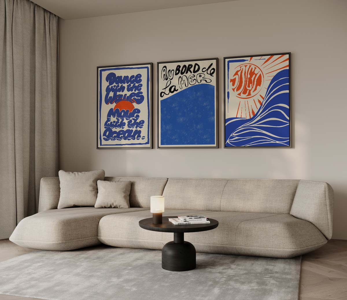 Blauwe golven en zonnige typografie Kunstwerk-canvas-dibond-plexiglas-wanddecoratie-WallArtistic