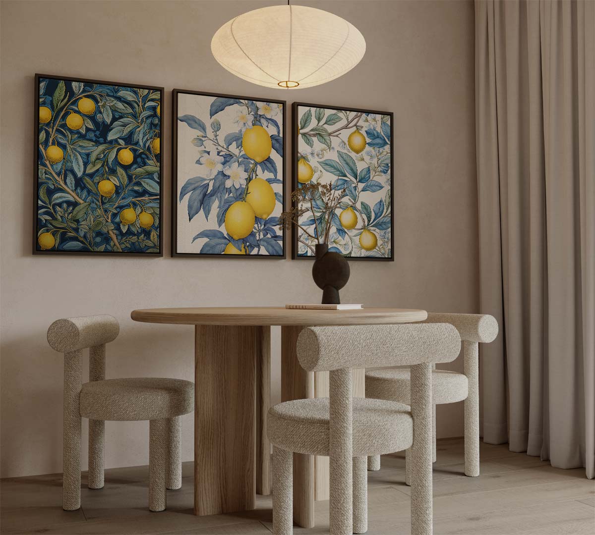 Botanische citroenillustraties in blauw en geel Kunstwerk-canvas-dibond-plexiglas-wanddecoratie-WallArtistic