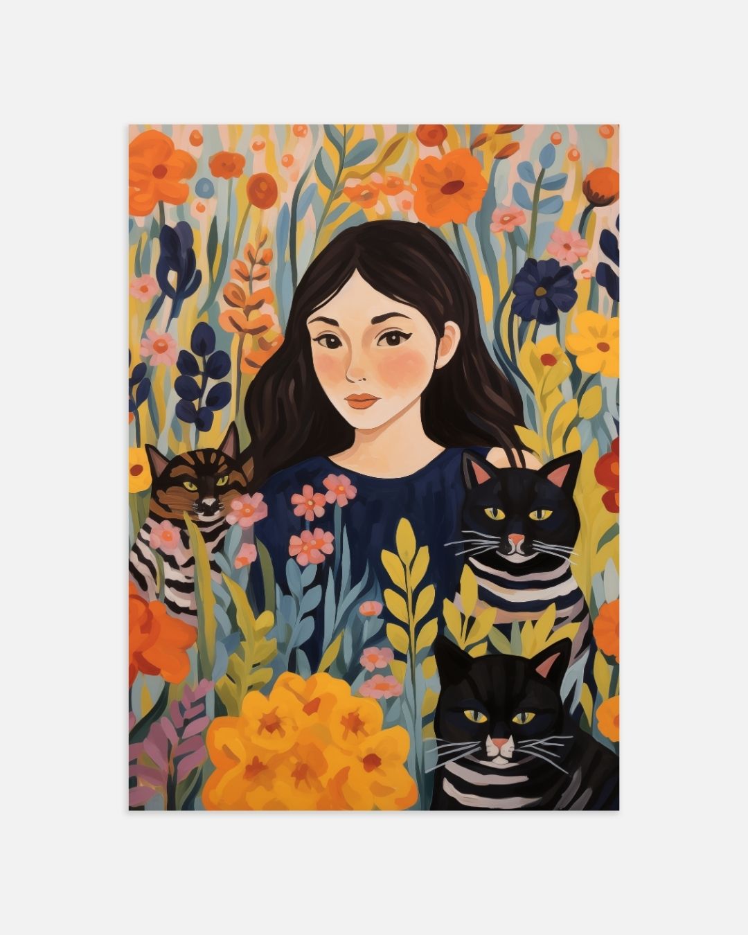Meisje en katten in bloemenveld Poster