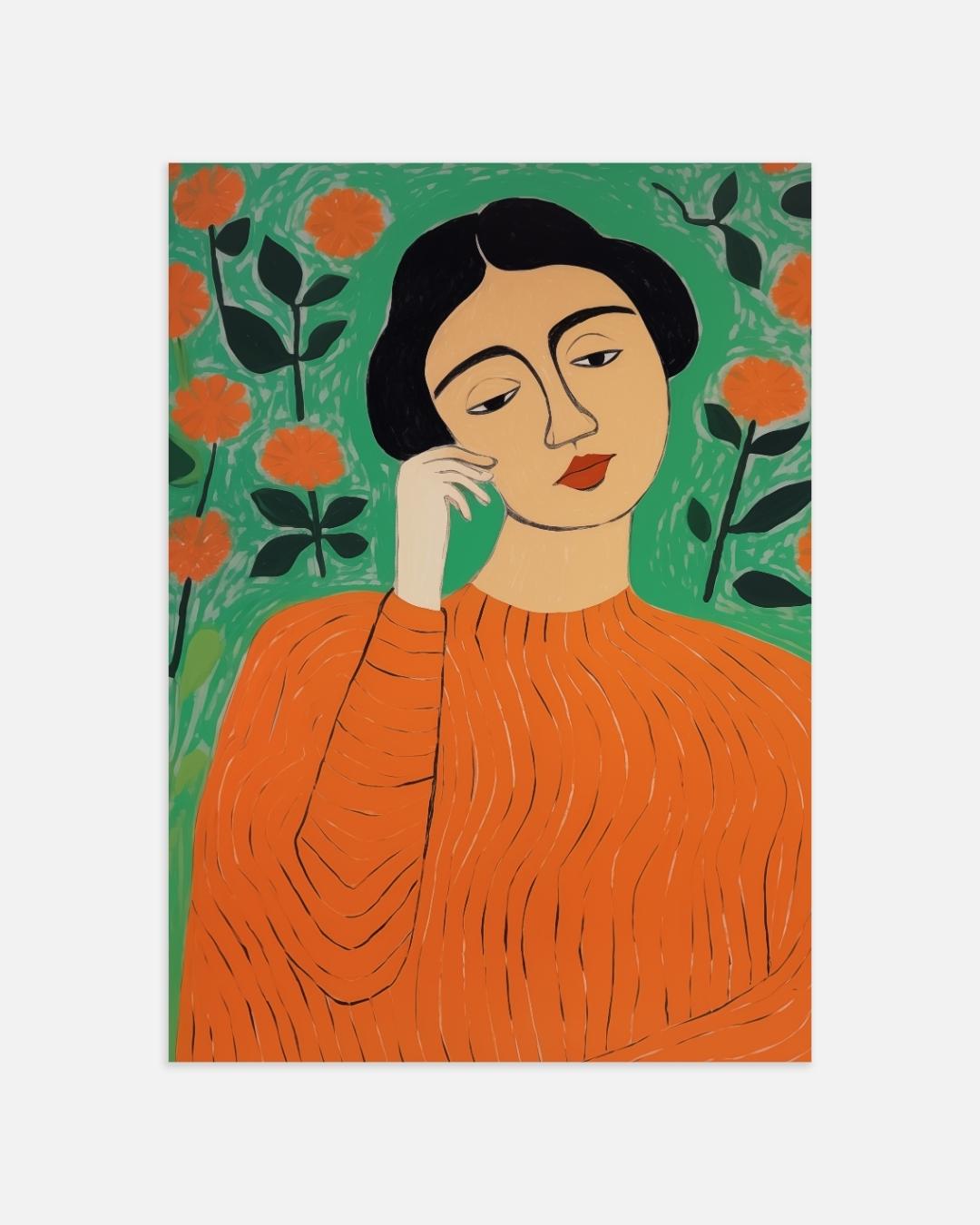 Frau mit orangefarbenem Pullover und Blumenhintergrund