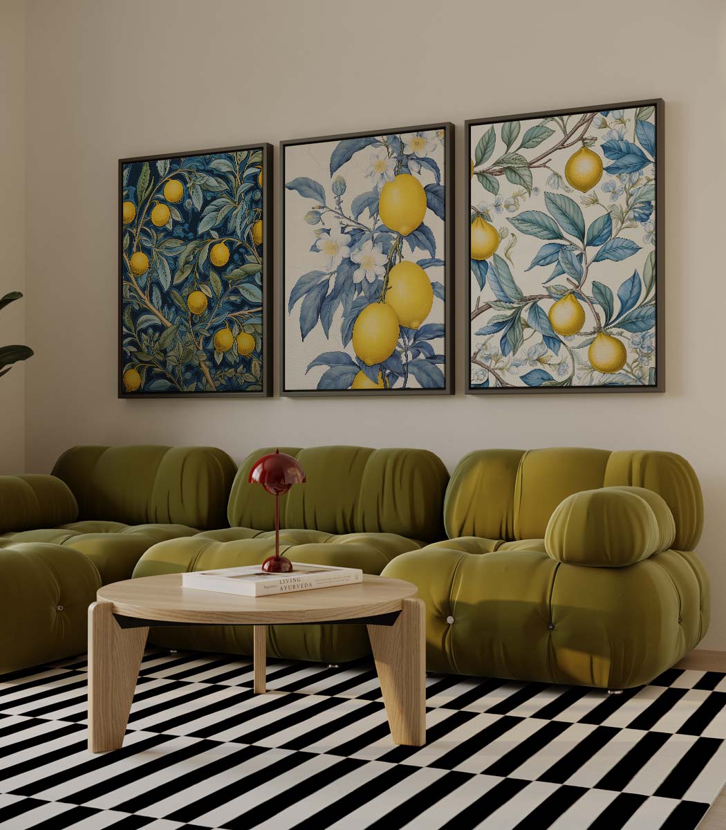 Botanische citroenillustraties in blauw en geel Kunstwerk-canvas-dibond-plexiglas-wanddecoratie-WallArtistic