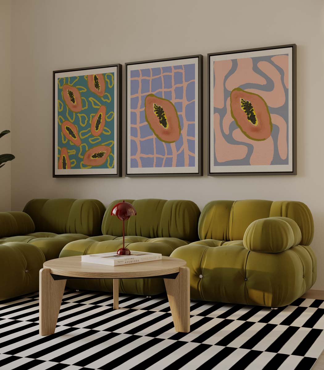 Papaja’s op grafische achtergronden Kunstwerk-canvas-dibond-plexiglas-wanddecoratie-WallArtistic