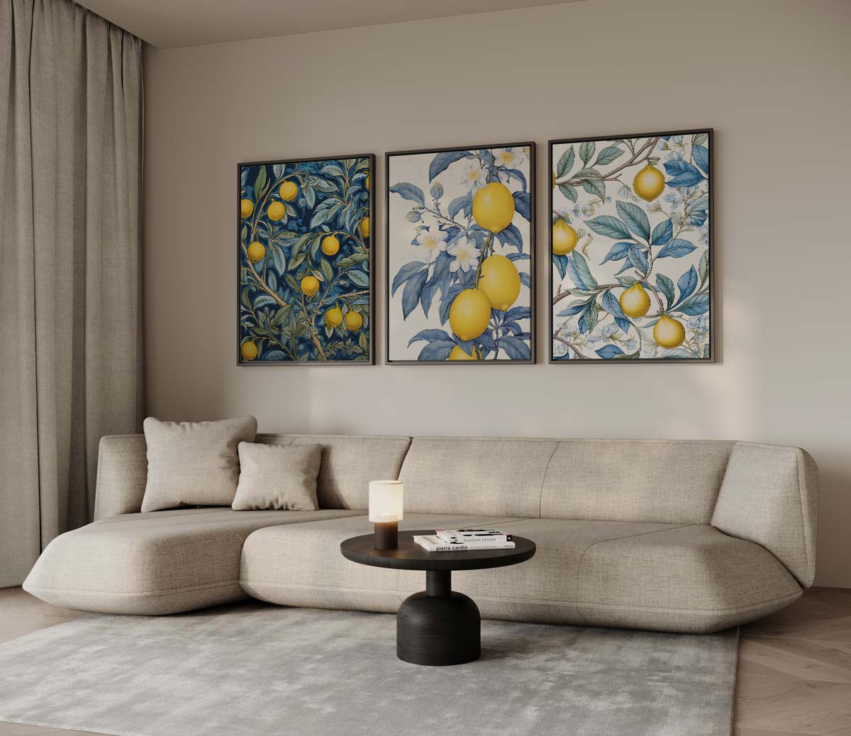 Botanische citroenillustraties in blauw en geel Kunstwerk-canvas-dibond-plexiglas-wanddecoratie-WallArtistic