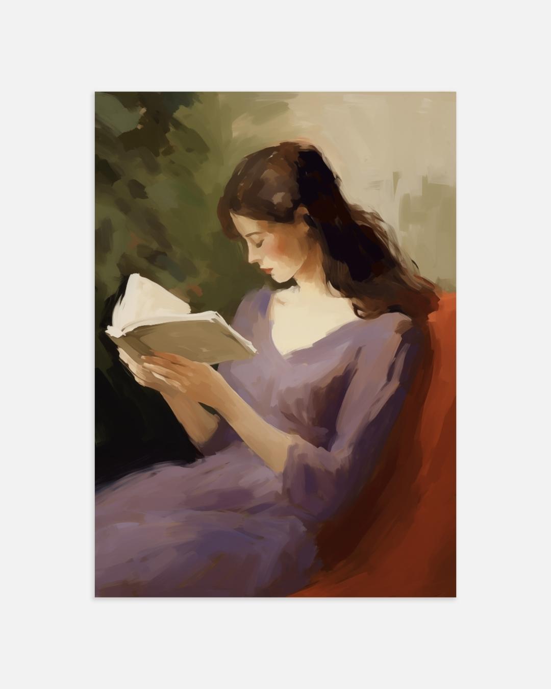 Poster „Frau im lila Kleid lesen“.