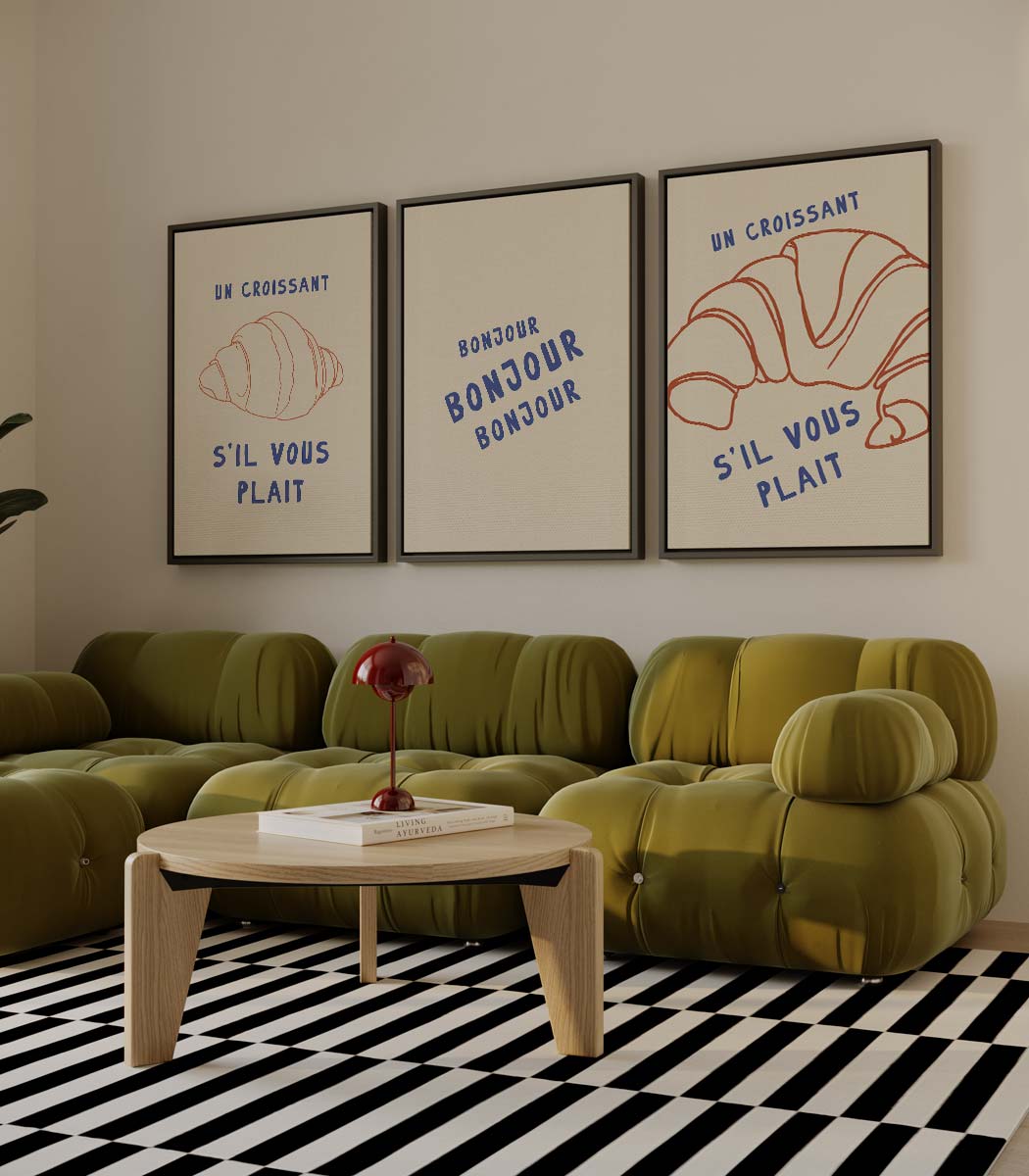 Franse ontbijtillustraties met croissants en typografie Kunstwerk-canvas-dibond-plexiglas-wanddecoratie-WallArtistic