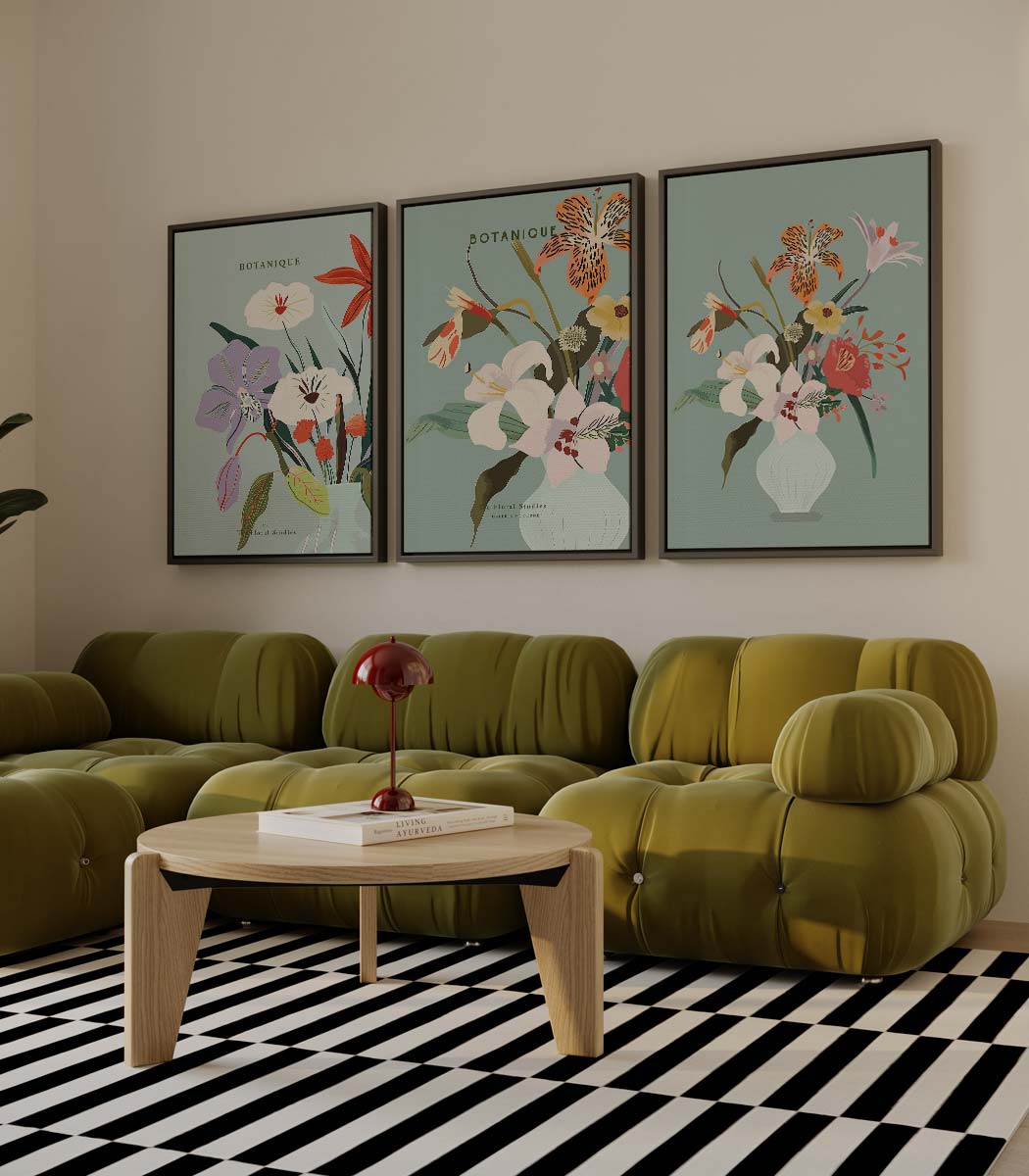 Botanische vazen met pastelbloemen Kunstwerk-canvas-dibond-plexiglas-wanddecoratie-WallArtistic