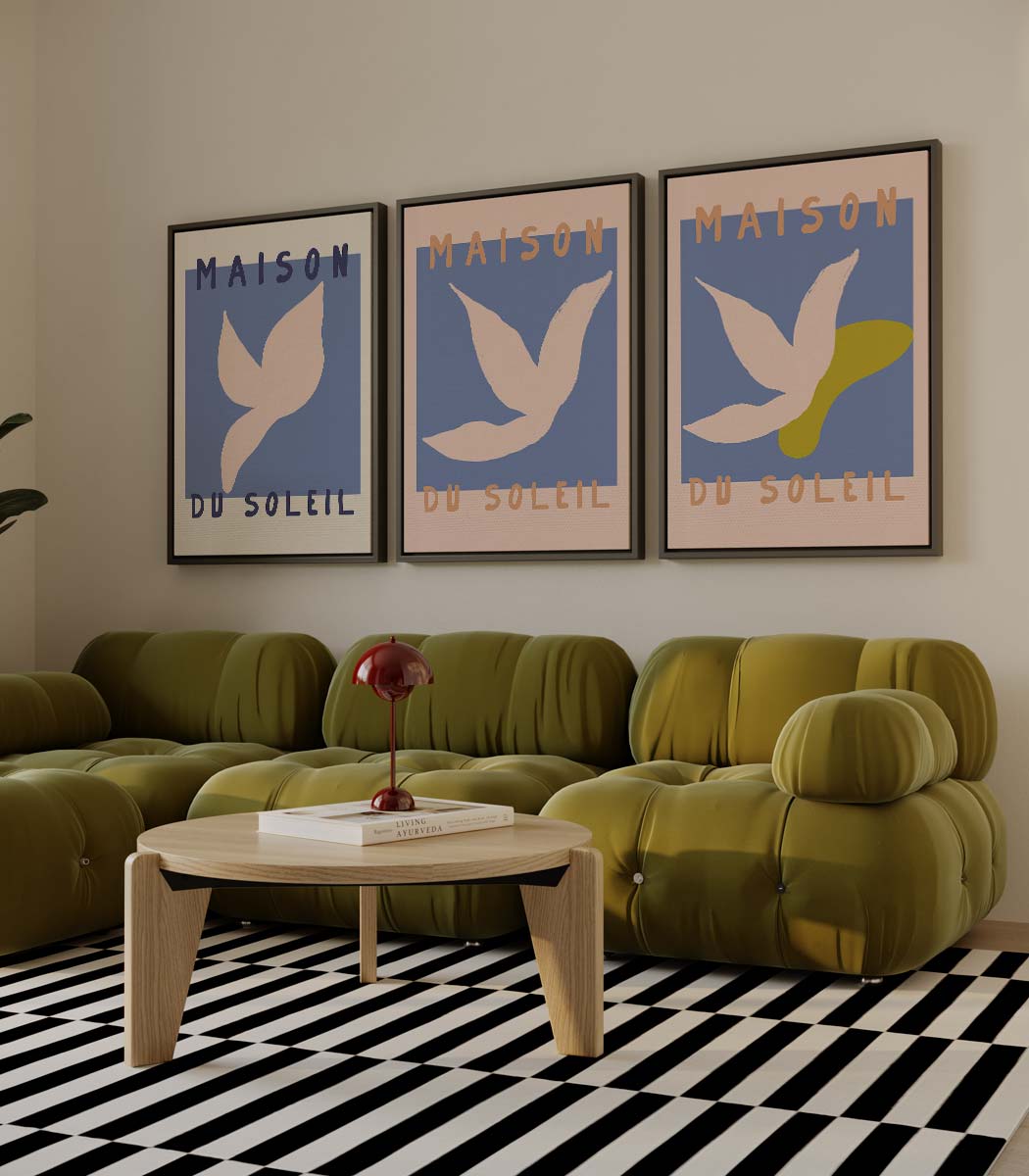 Zomerse duiven in retrostijl Kunstwerk-canvas-dibond-plexiglas-wanddecoratie-WallArtistic