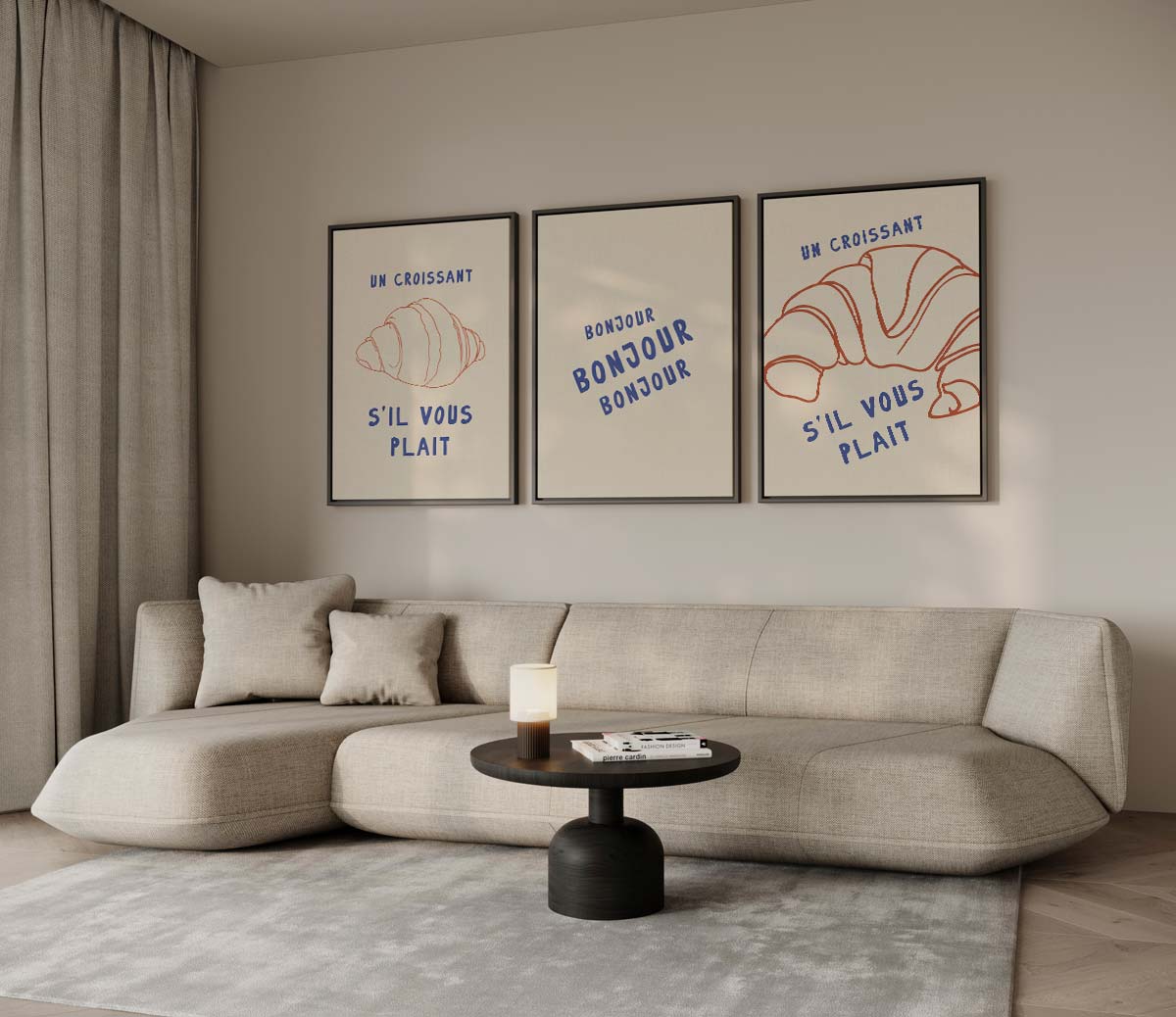 Franse ontbijtillustraties met croissants en typografie Kunstwerk-canvas-dibond-plexiglas-wanddecoratie-WallArtistic