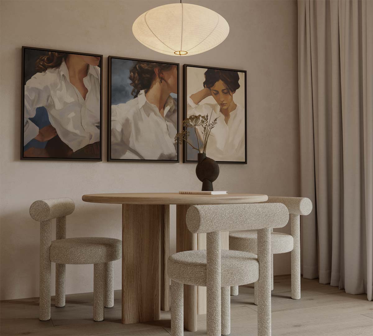 Vrouw in witte blouse, portret drieluik Kunstwerk-canvas-dibond-plexiglas-wanddecoratie-WallArtistic