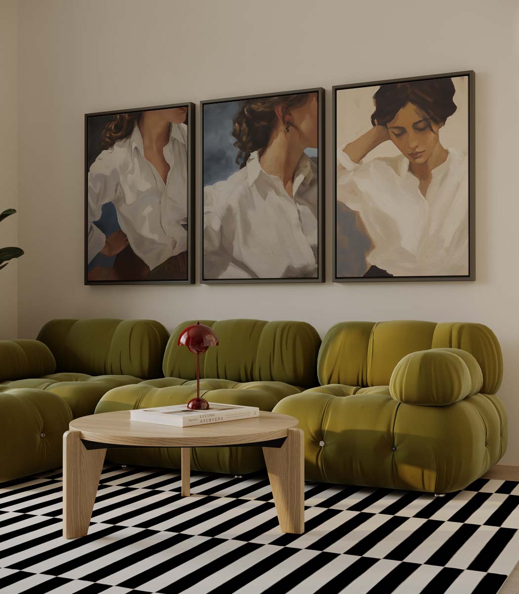 Vrouw in witte blouse, portret drieluik Kunstwerk-canvas-dibond-plexiglas-wanddecoratie-WallArtistic