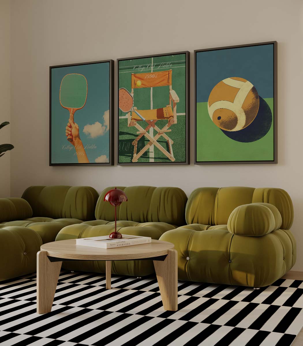 Sportieve collage in retro kleuren Kunstwerk-canvas-dibond-plexiglas-wanddecoratie-WallArtistic