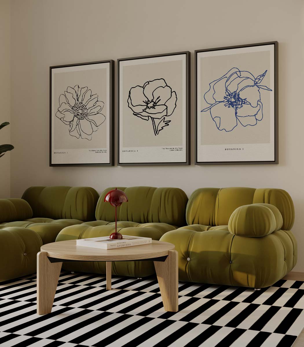 Botanische lijntekeningen in blauw Kunstwerk-canvas-dibond-plexiglas-wanddecoratie-WallArtistic