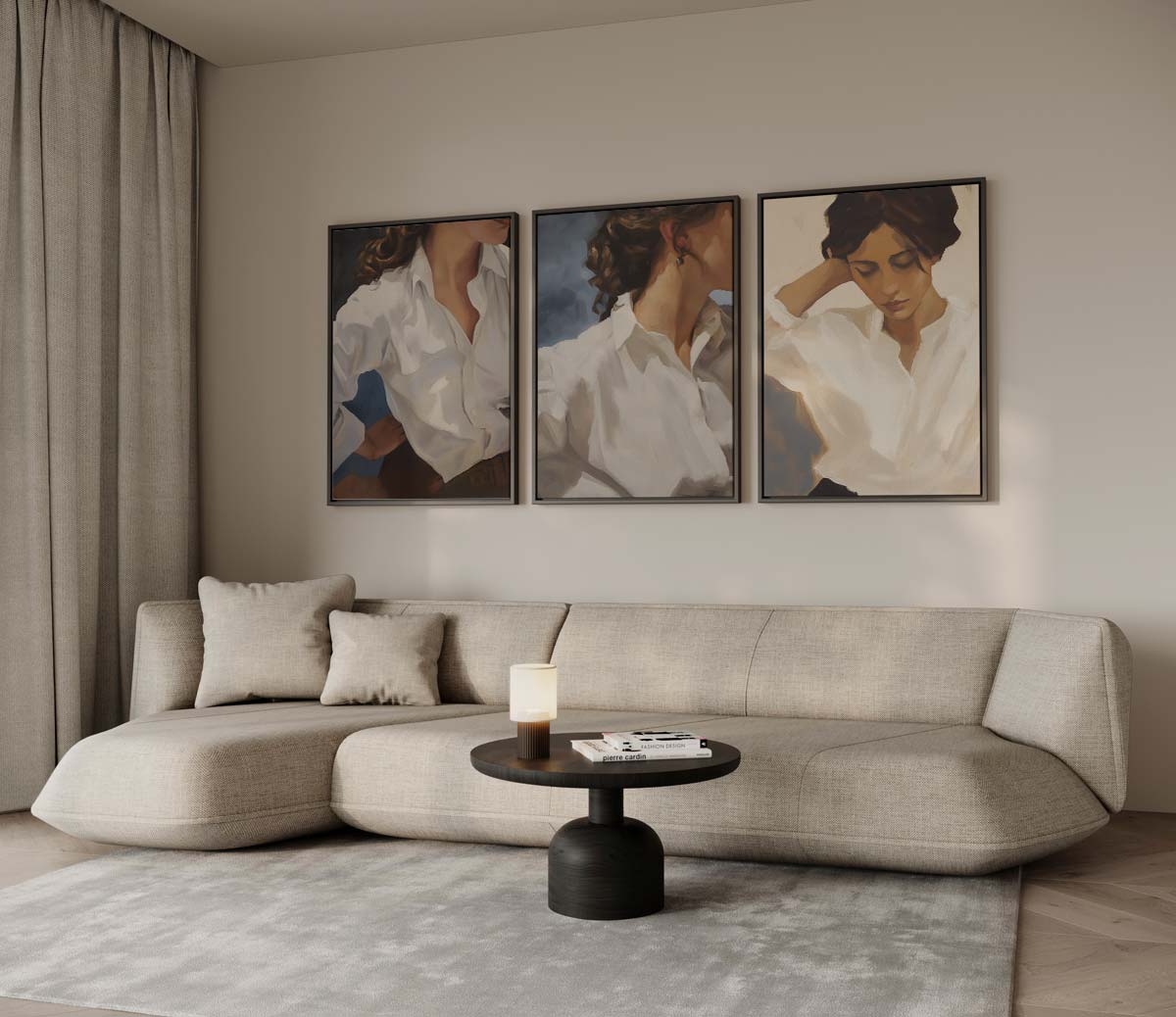 Vrouw in witte blouse, portret drieluik Kunstwerk-canvas-dibond-plexiglas-wanddecoratie-WallArtistic