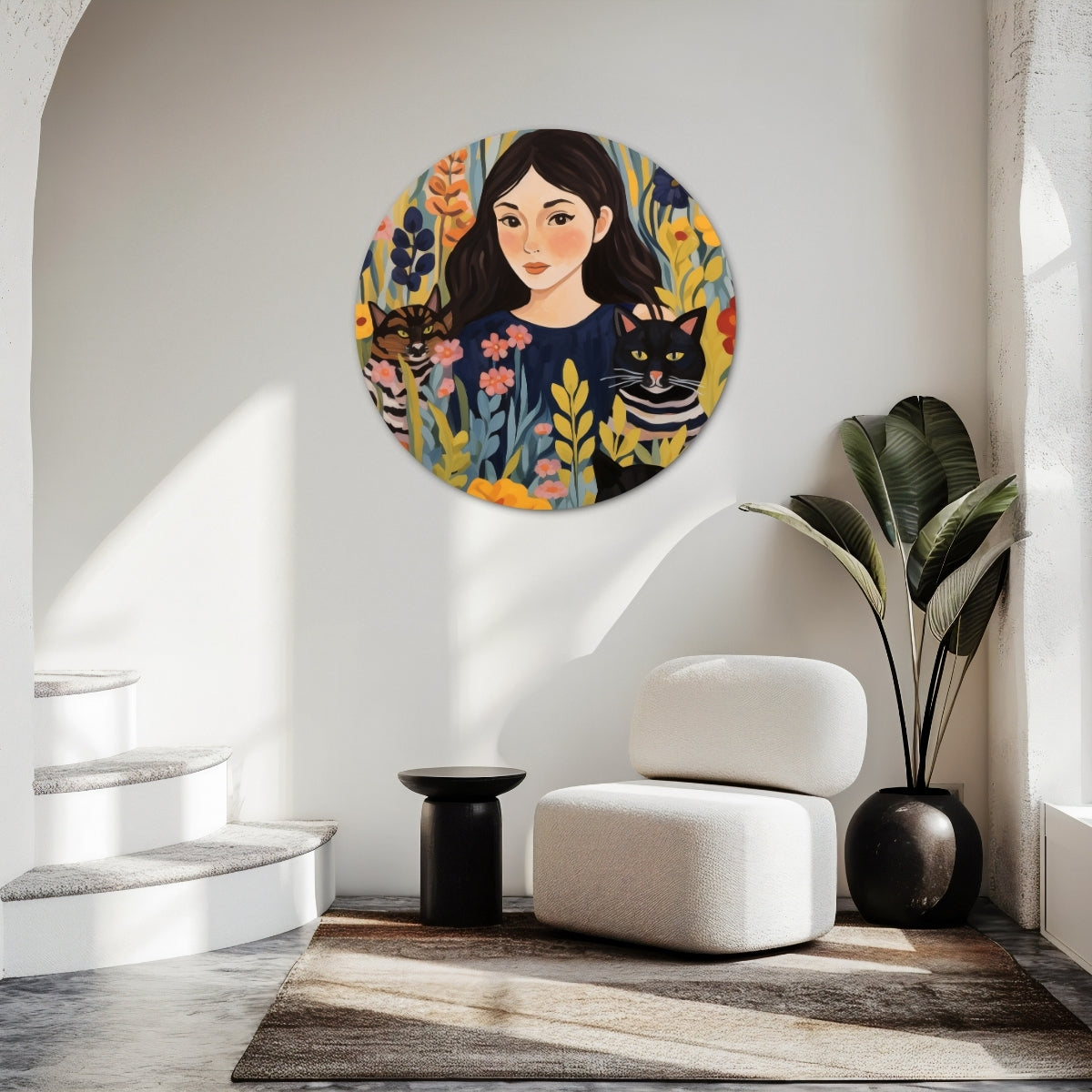 Meisje met Katten Muurcirkel-WallArtistic