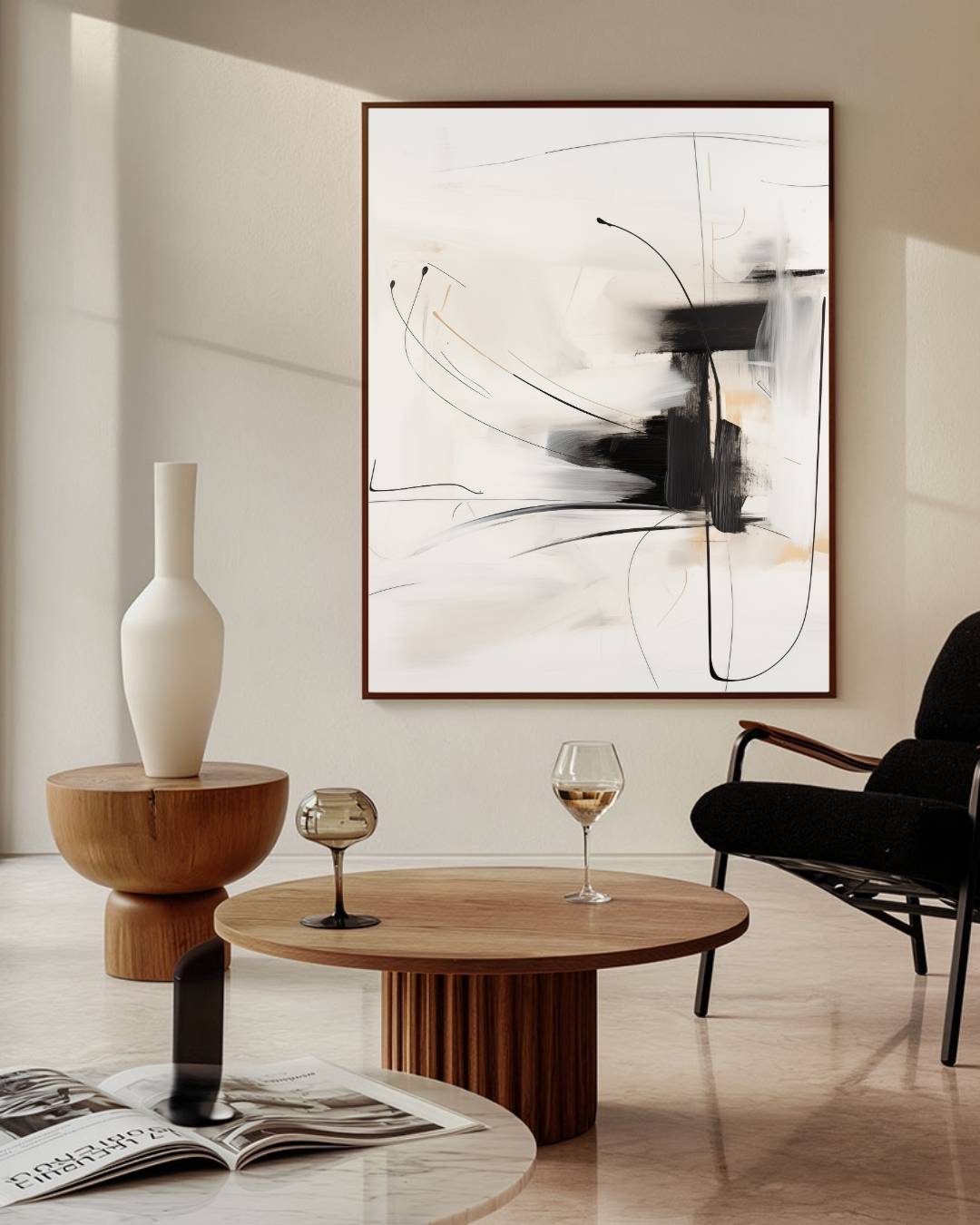 Dynamische abstractie in zwart en beige Poster