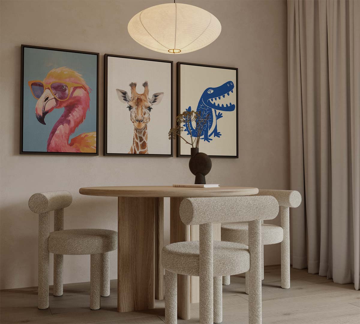 Dierenportretten: flamingo, giraffe en krokodil