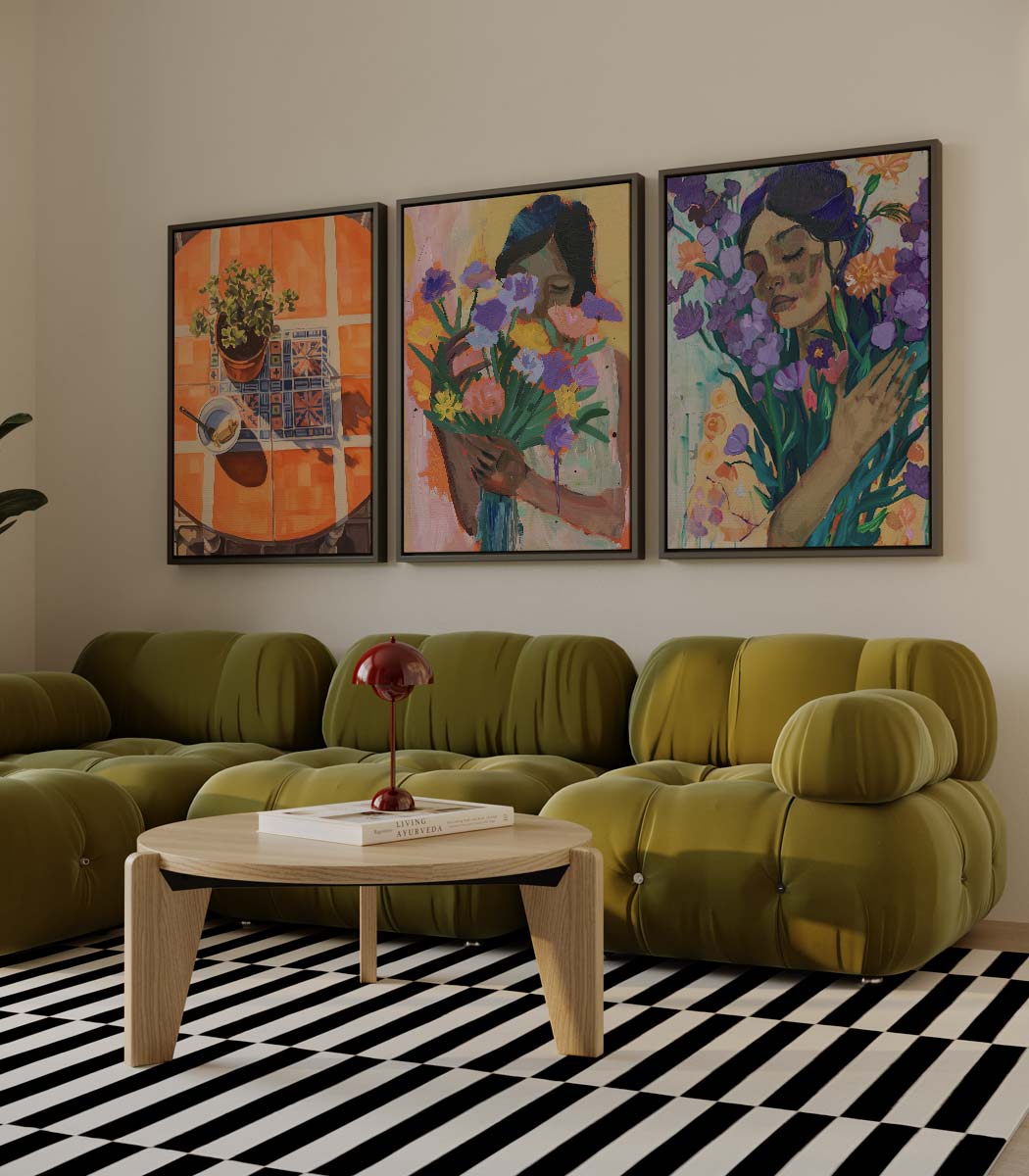 Bloemen en vrouwen in warme kleuren Kunstwerk-canvas-dibond-plexiglas-wanddecoratie-WallArtistic