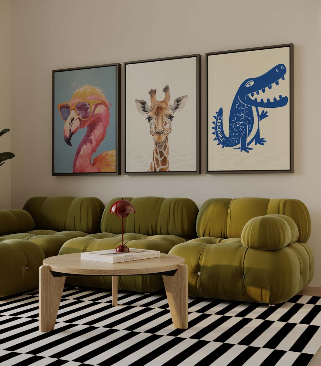 Dierenportretten: flamingo, giraffe en krokodil Kunstwerk-canvas-dibond-plexiglas-wanddecoratie-WallArtistic