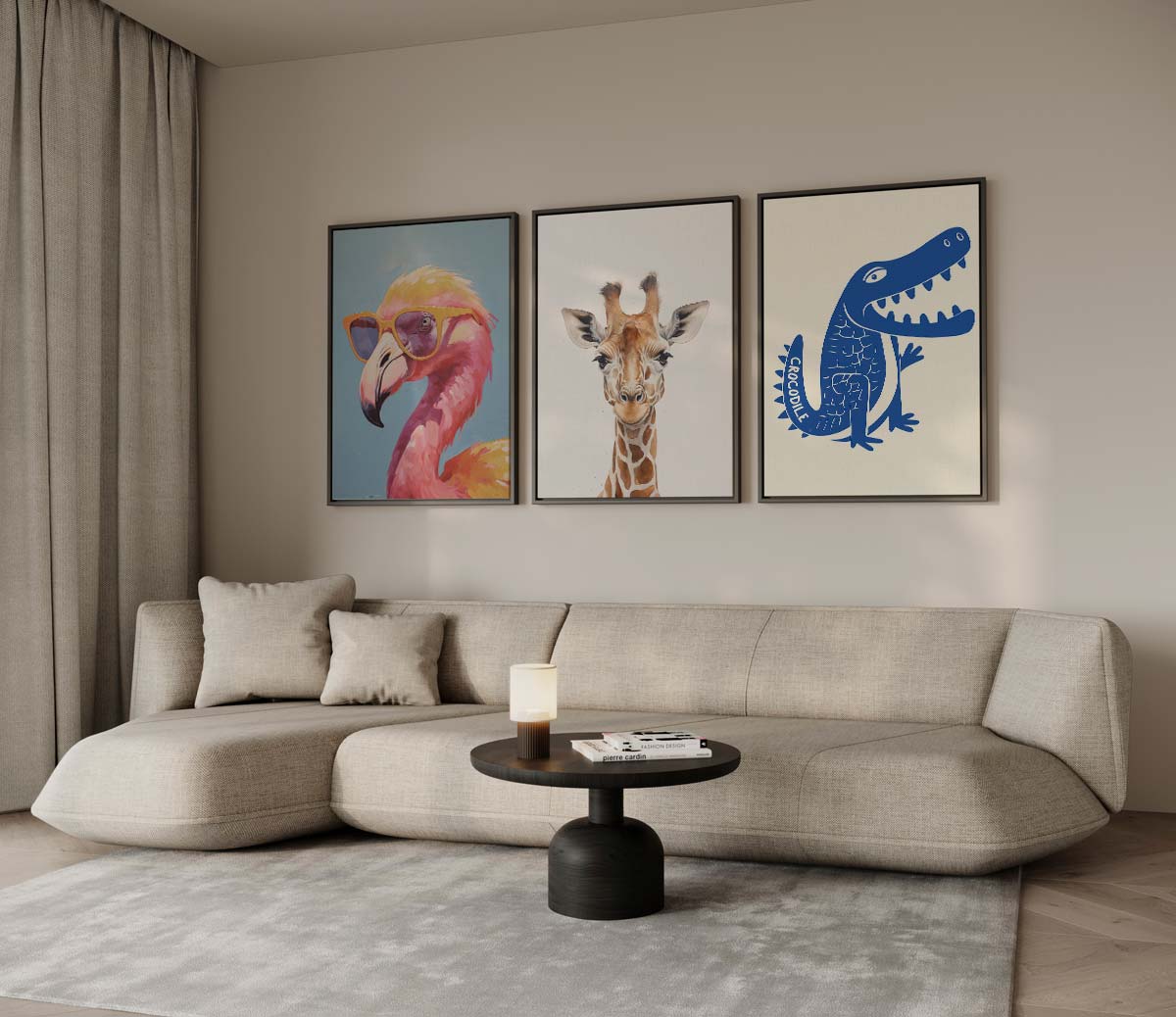 Dierenportretten: flamingo, giraffe en krokodil Kunstwerk-canvas-dibond-plexiglas-wanddecoratie-WallArtistic