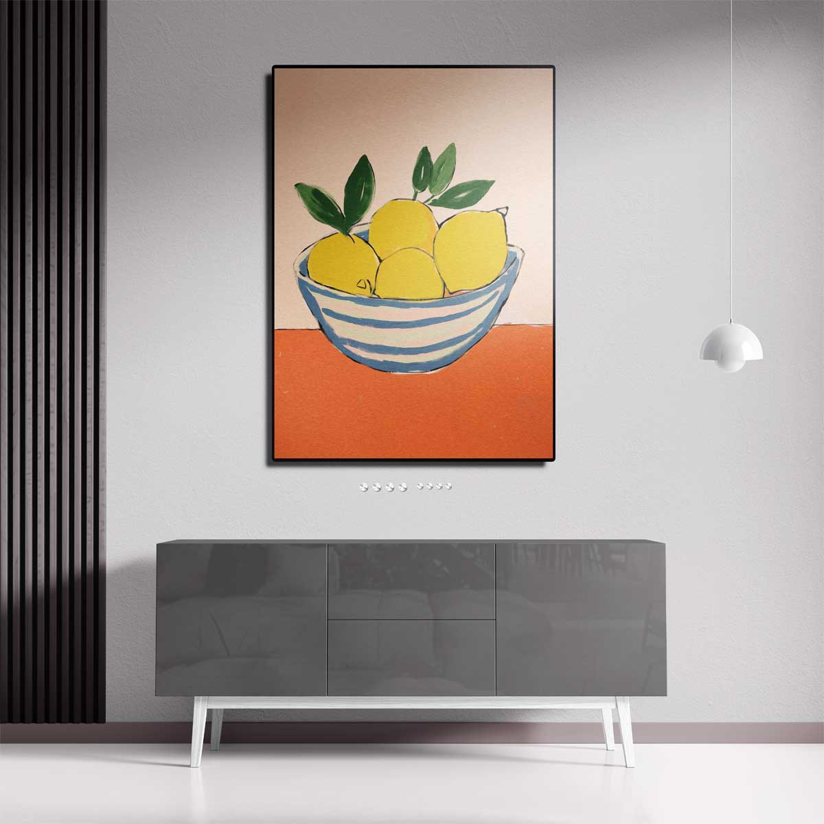 Citroenen in blauwe kom op oranje ondergrond Kunstwerk-canvas-dibond-plexiglas-wanddecoratie-WallArtistic