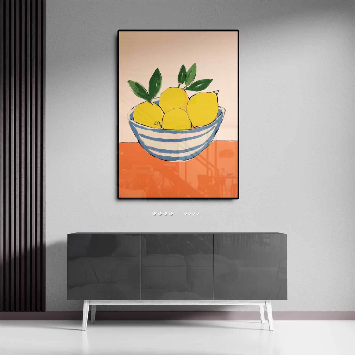 Citroenen in blauwe kom op oranje ondergrond Kunstwerk-canvas-dibond-plexiglas-wanddecoratie-WallArtistic
