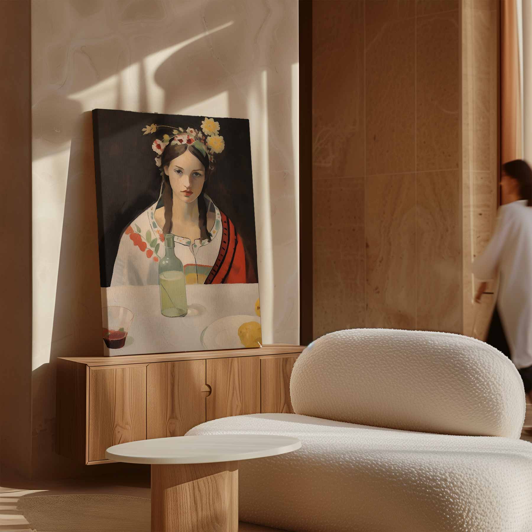 Meisje met bloemenkrans Kunstwerk-canvas-dibond-plexiglas-wanddecoratie-WallArtistic