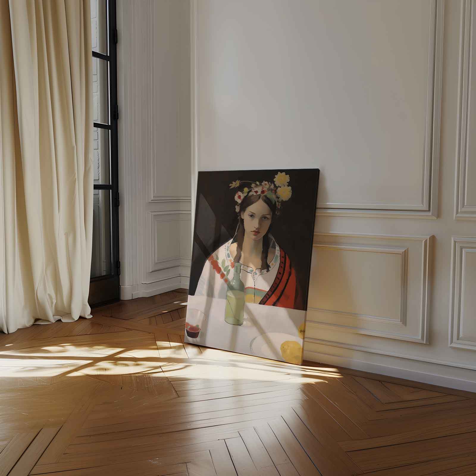 Meisje met bloemenkrans Kunstwerk-canvas-dibond-plexiglas-wanddecoratie-WallArtistic