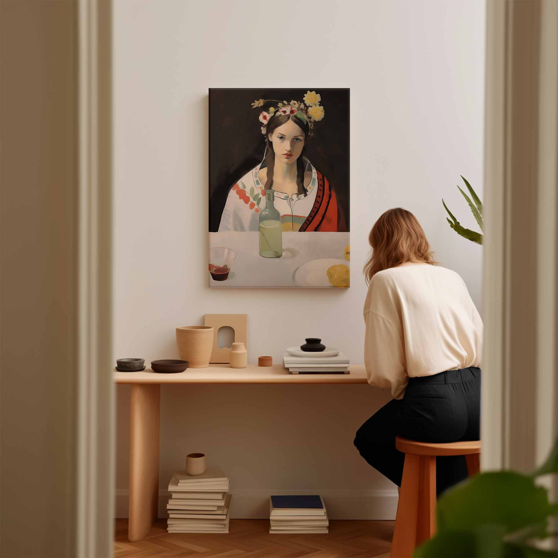 Meisje met bloemenkrans Kunstwerk-canvas-dibond-plexiglas-wanddecoratie-WallArtistic