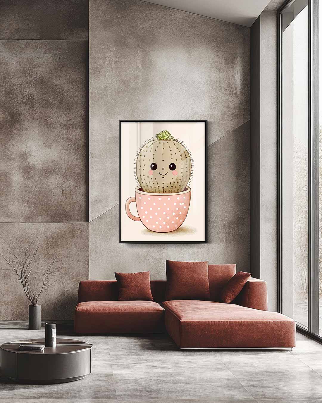 Vrolijke Cactus in Kopje Kunstwerk-canvas-dibond-plexiglas-wanddecoratie-WallArtistic