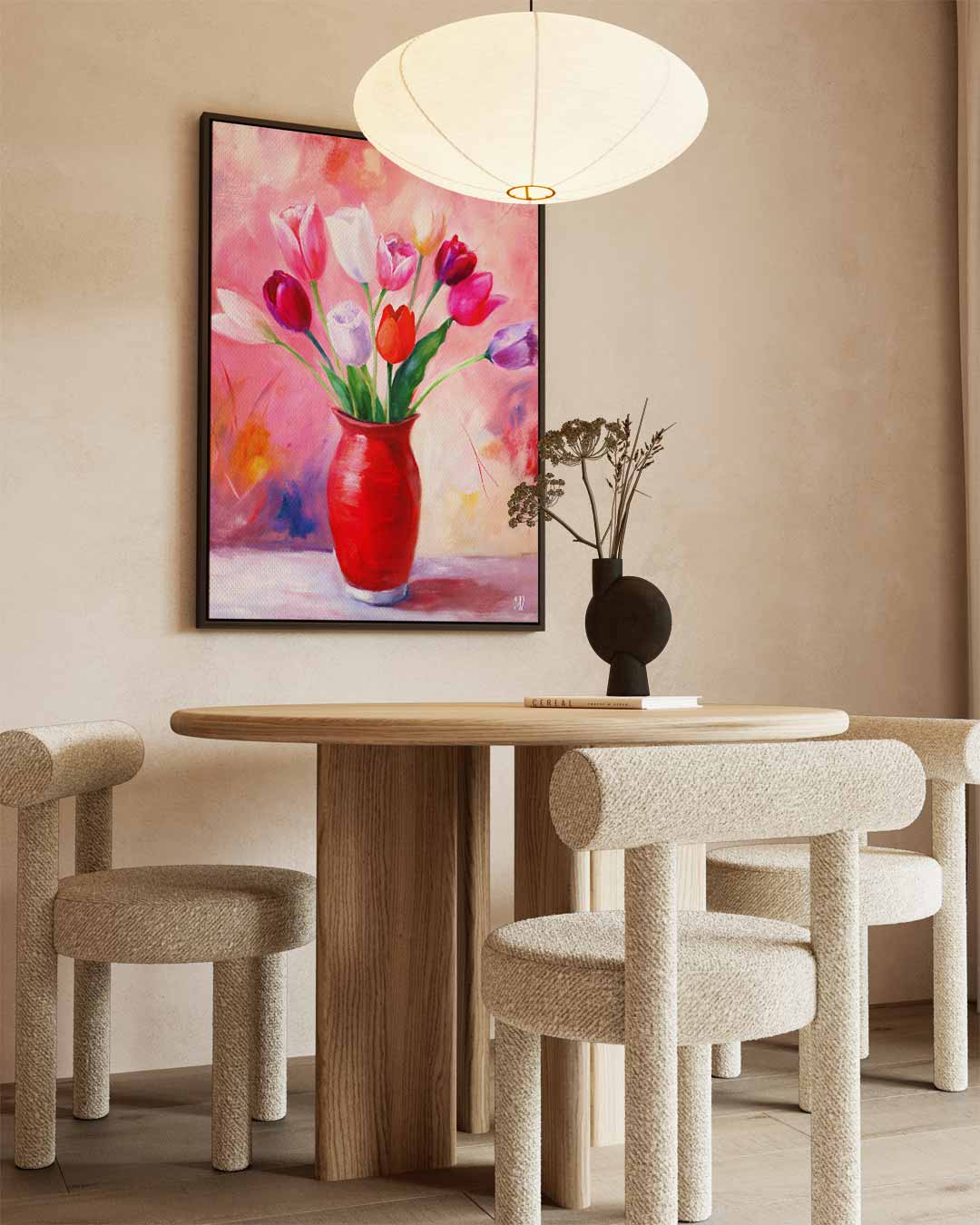 Kleurrijke Tulpen in Rode Vaas Kunstwerk-canvas-dibond-plexiglas-wanddecoratie-WallArtistic