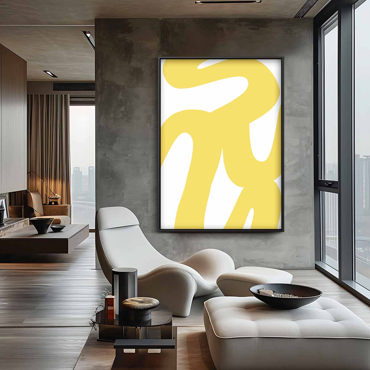 Vrolijke Gele Krulstreken Kunstwerk-canvas-dibond-plexiglas-wanddecoratie-WallArtistic