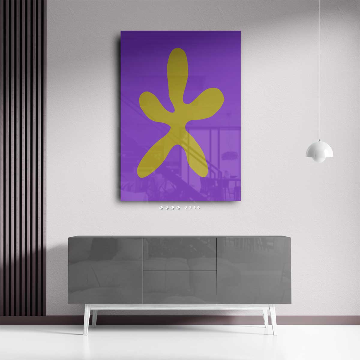 Vrolijke Gele Ster op Paars Kunstwerk-canvas-dibond-plexiglas-wanddecoratie-WallArtistic