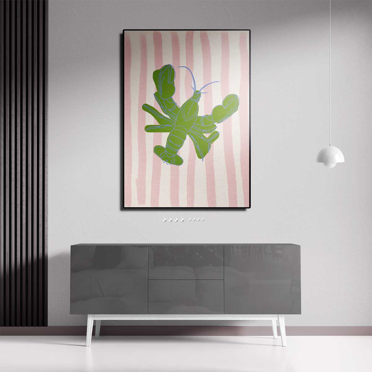 Groene Kreeft op Strepen Kunstwerk-canvas-dibond-plexiglas-wanddecoratie-WallArtistic