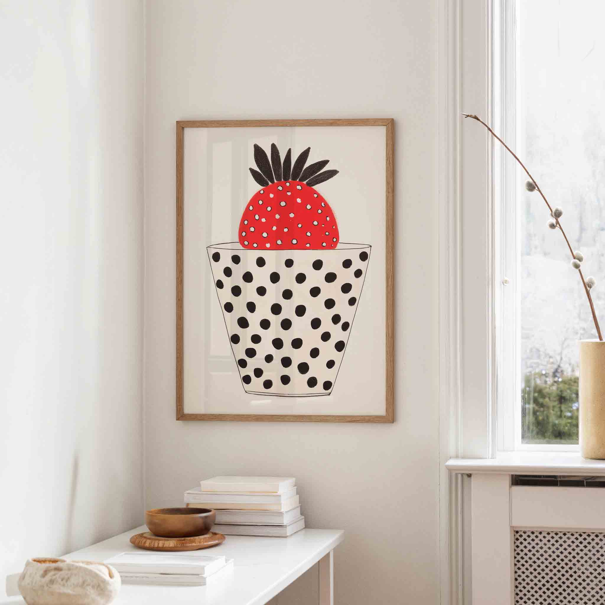 Aardbei in gestippelde vaas Poster